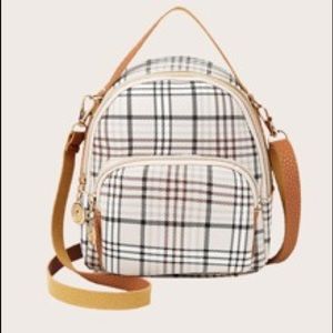 NEW mini beige plaid satchel bag brown cream zip